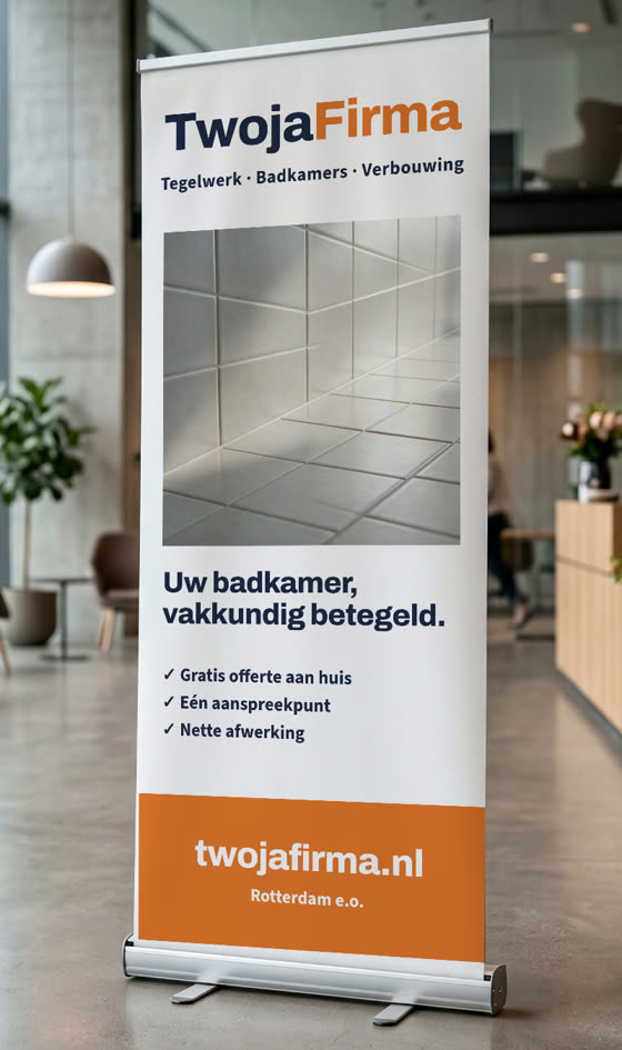 Roll-up firmy remontowej z logo i ofertą po niderlandzku w holu biura — projekt poglądowy