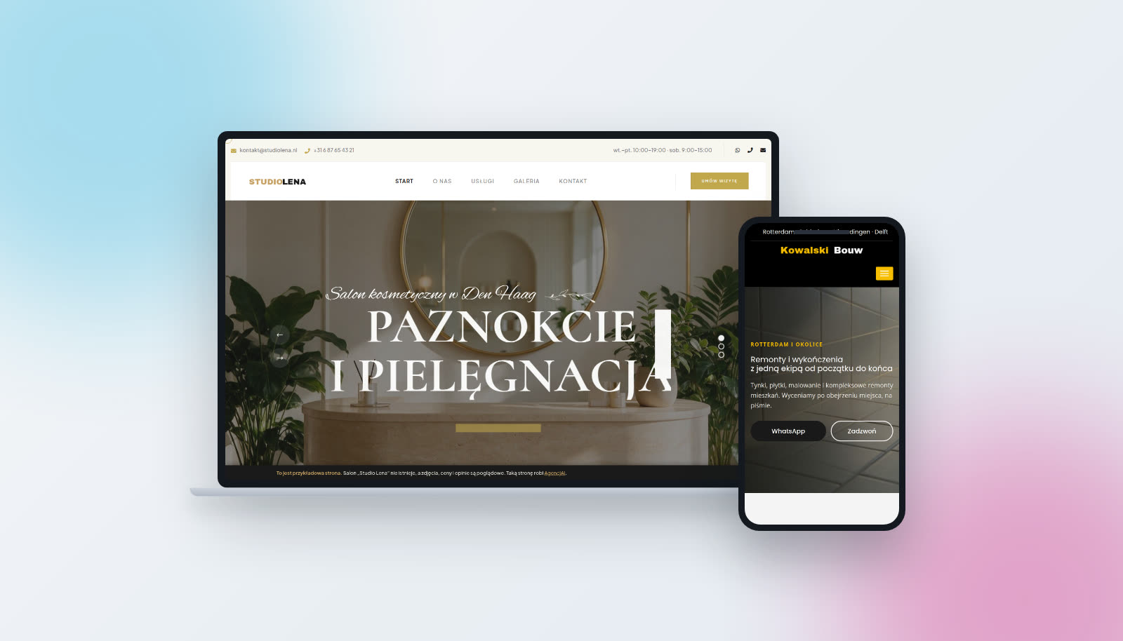 Dwie strony zrobione przez nas: strona salonu kosmetycznego na laptopie i strona firmy remontowej na telefonie