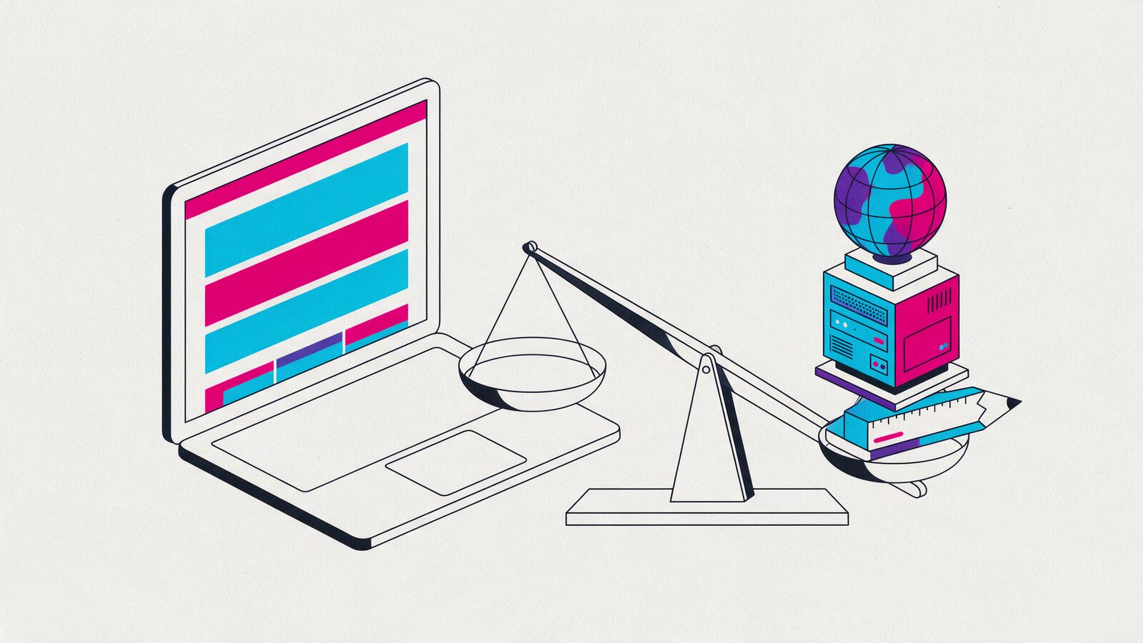 Laptop ze stroną obok wagi, na której leżą trzy klocki: globus, serwer i ołówek z linijką