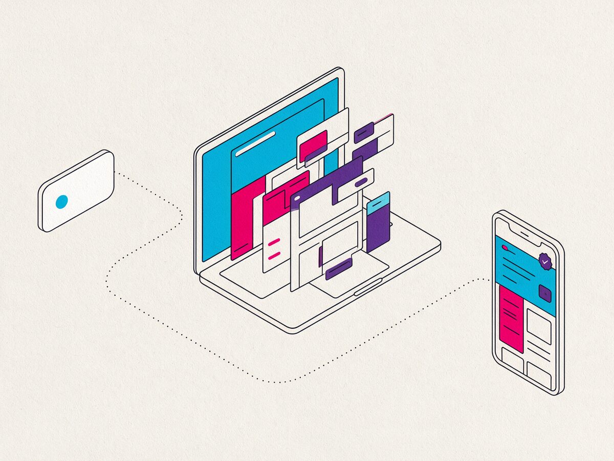 Ilustracja: wiadomość, laptop składający stronę i gotowa strona w telefonie