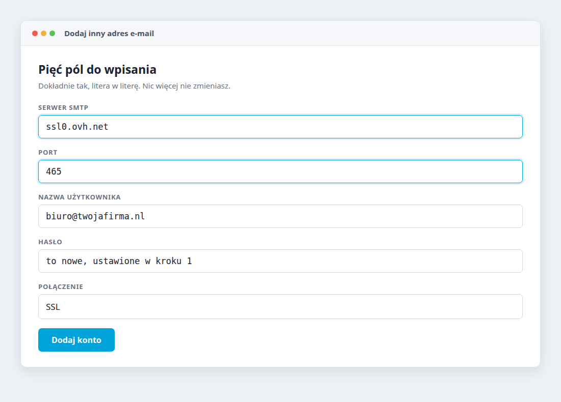 Okno Gmaila z polami serwer SMTP, port, nazwa użytkownika, hasło i połączenie
