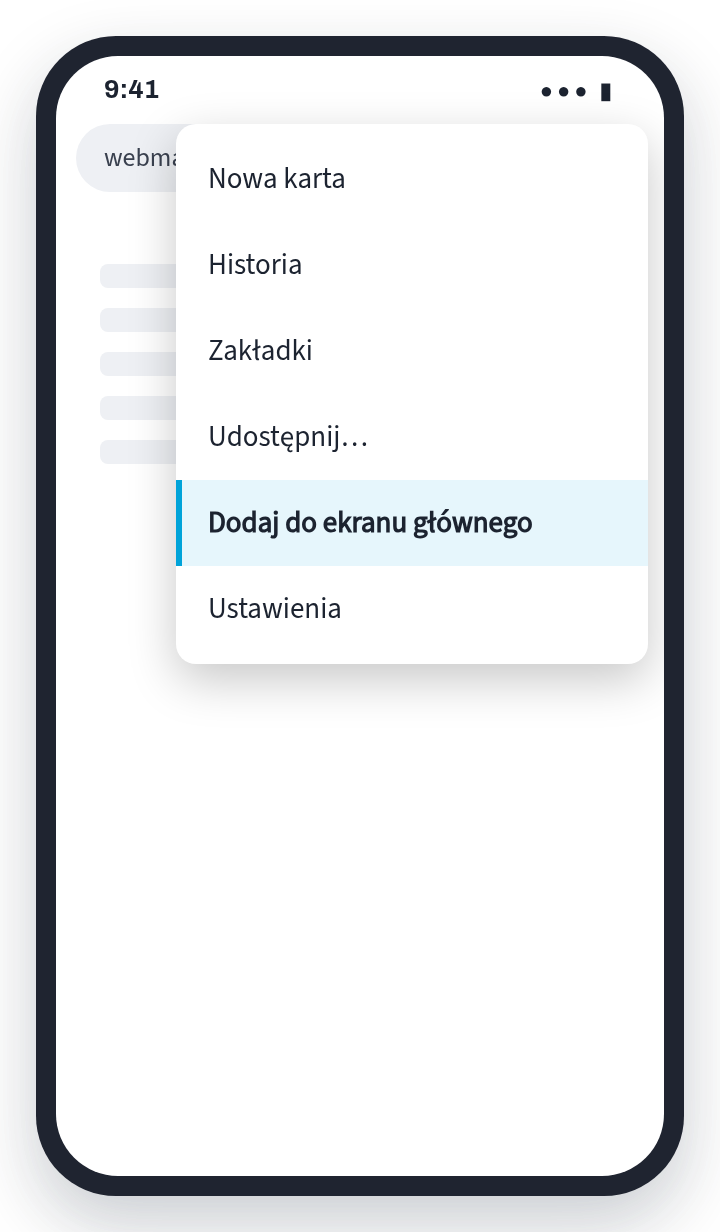 Schemat: menu przeglądarki na Androidzie z zaznaczoną opcją Dodaj do ekranu głównego