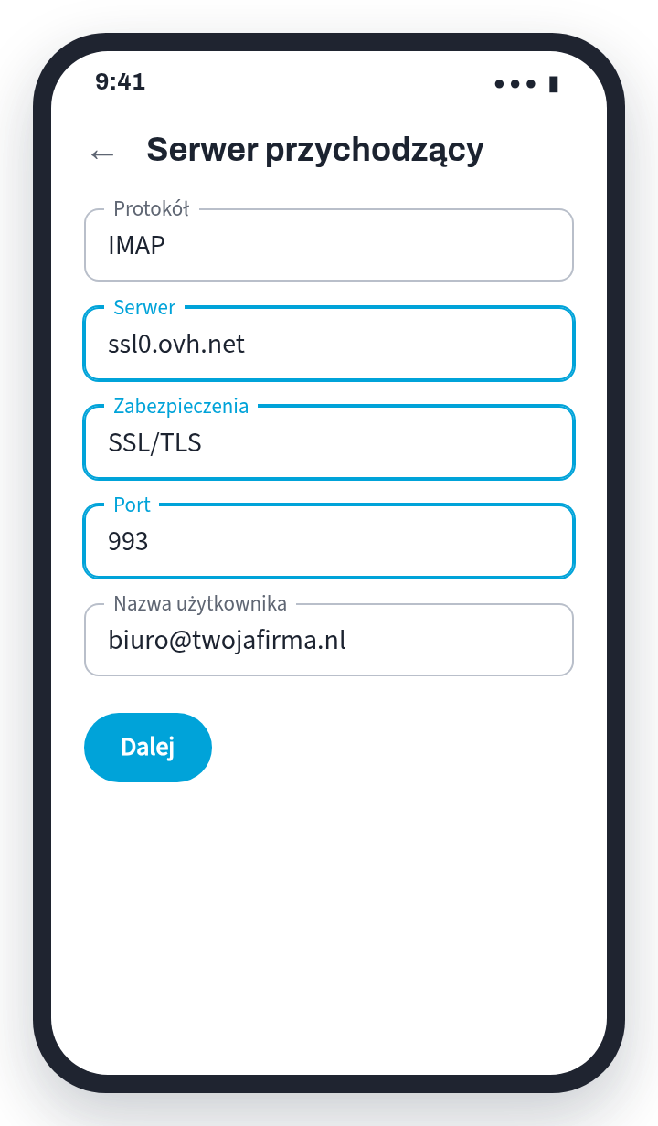 Schemat Android: serwer przychodzący IMAP ssl0.ovh.net, SSL/TLS, port 993