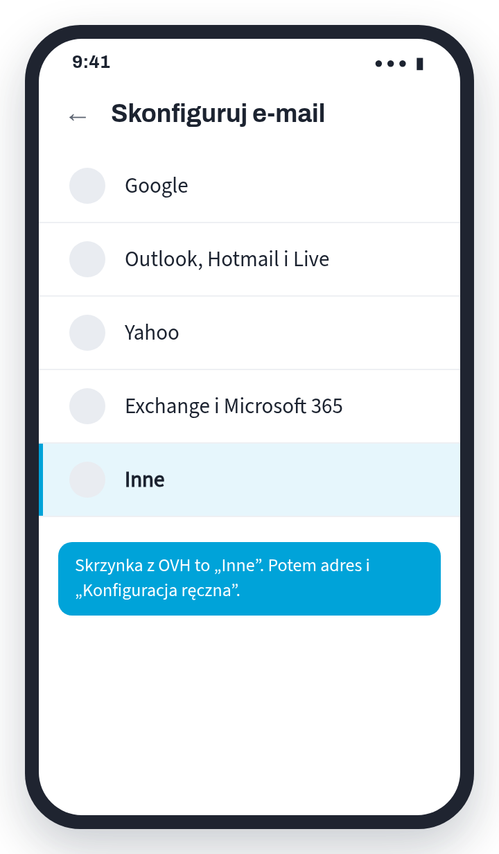 Schemat aplikacji Gmail: lista Skonfiguruj e-mail z zaznaczoną pozycją Inne