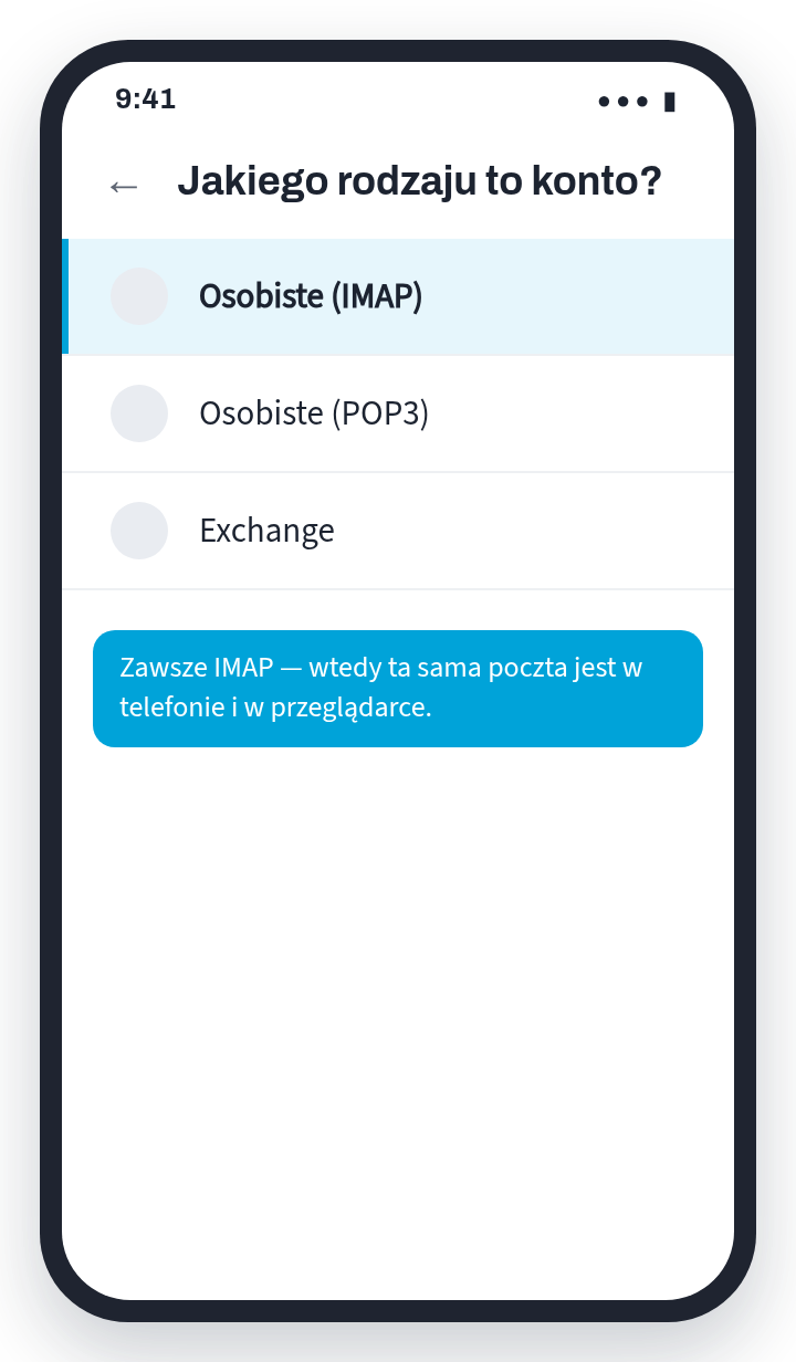 Schemat aplikacji Gmail: wybór rodzaju konta z zaznaczonym Osobiste (IMAP)