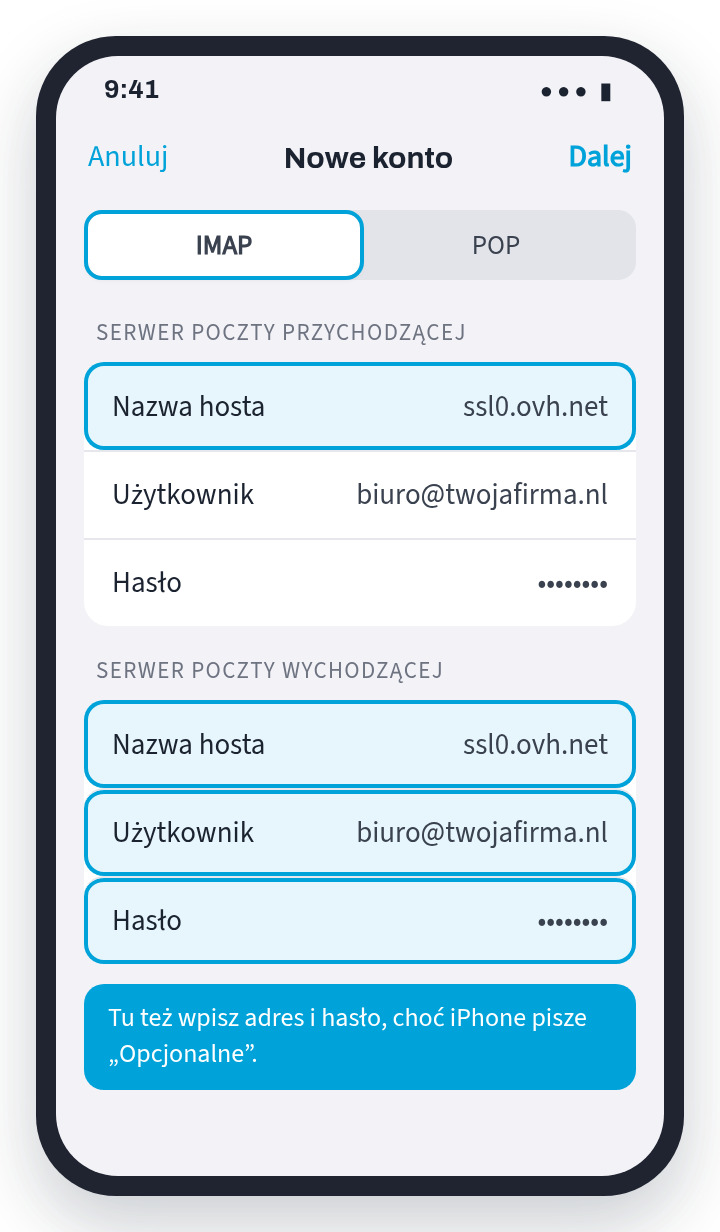 Schemat iPhone: wybrany IMAP, nazwa hosta ssl0.ovh.net dla poczty przychodzącej i wychodzącej, użytkownik i hasło wpisane w obu