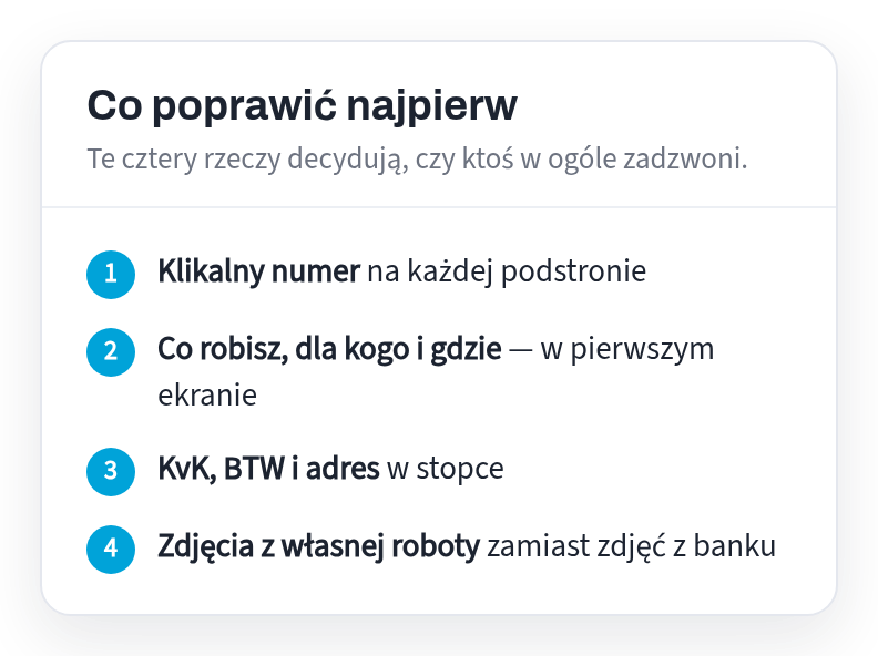 Co poprawić najpierw: klikalny numer na każdej podstronie; co robisz, dla kogo i gdzie w pierwszym ekranie; KvK, BTW i adres w stopce; zdjęcia z własnej roboty