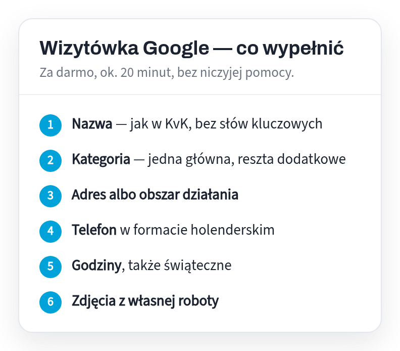 Wizytówka Google, co wypełnić: nazwa jak w KvK, kategoria, adres albo obszar działania, telefon, godziny także świąteczne, zdjęcia z własnej roboty
